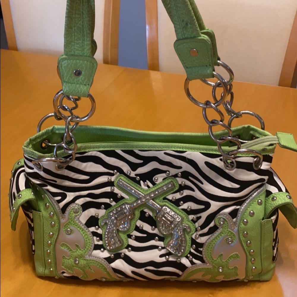 Bedazzled Pistols emblem purse - Zebra and lime green